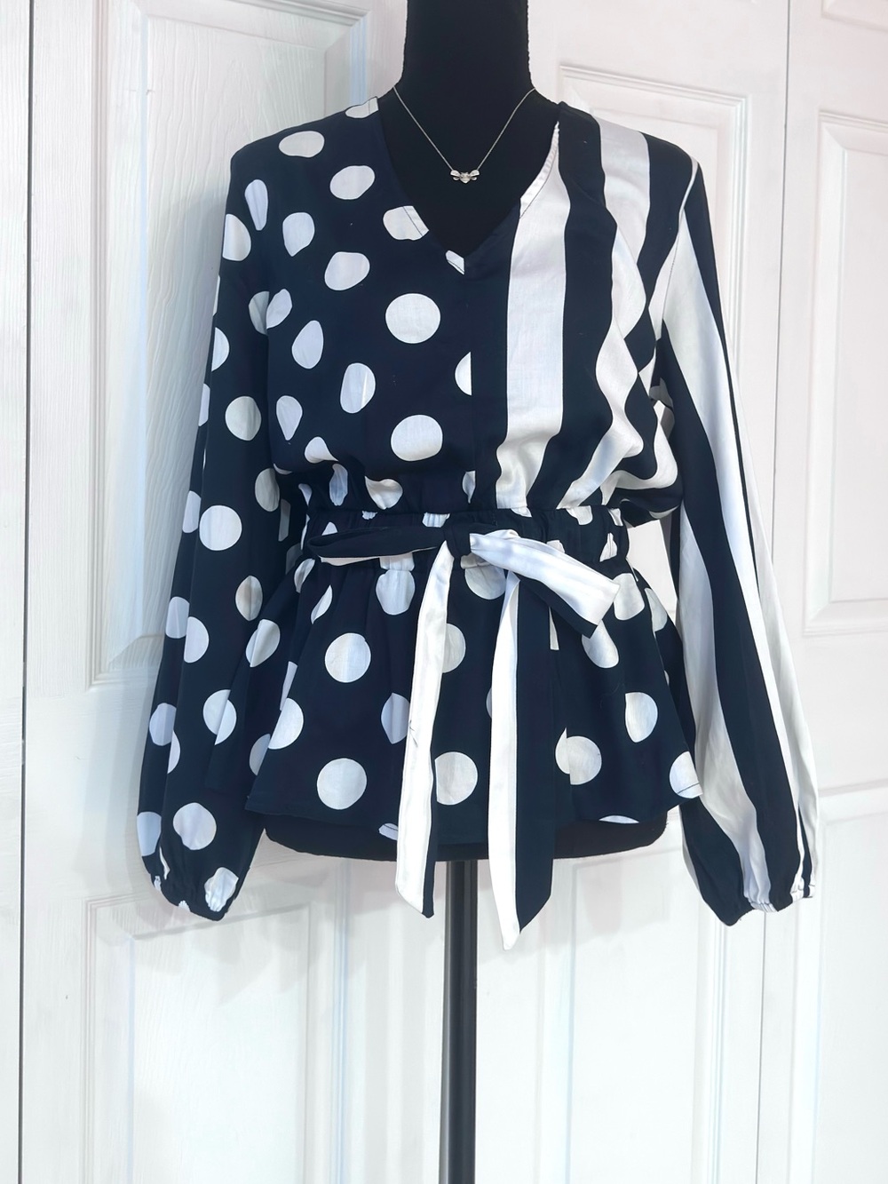 New York & Company Black and White Polka Dot & Stripe Top w/Elastic Tie Waist - Picture 6 of 9